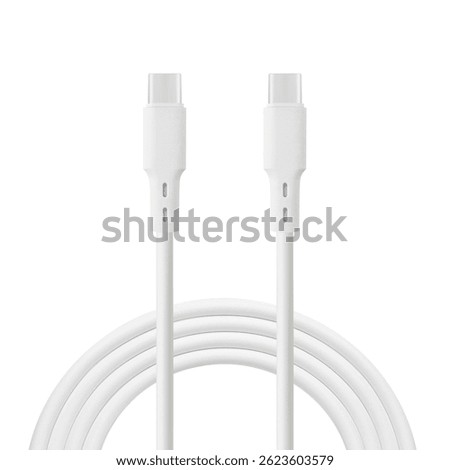 white cable for charging and synchronization with Type - C and Type - C connectors on a white isolated background close-up