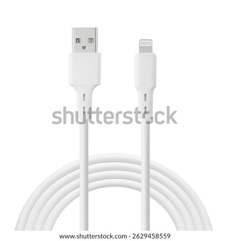 white cable for charging and synchronization with USB and Lightning connectors on a white isolated background close-up