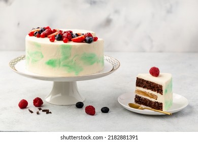 White Cake, Berry Sponge Cake With Fresh Berries And Sour Cream On A White Background