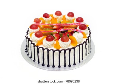 White cake with cherry and strawberry isolated white background