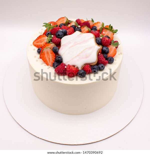 White Cake Decorated Berries Strawberries Raspberries Stock Photo