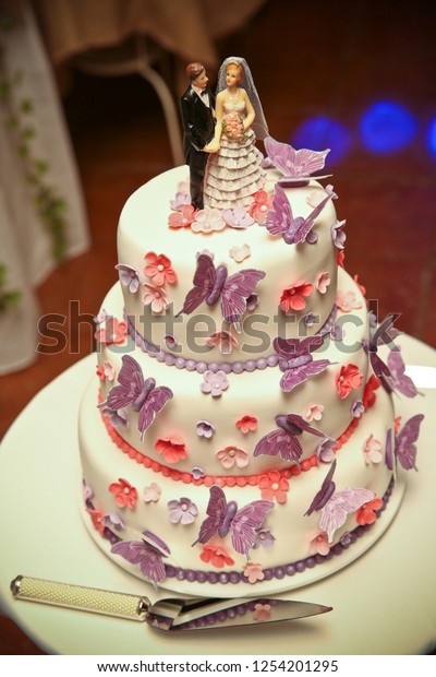 White Cake Pink Flowers Purple Butterflies Food And Drink