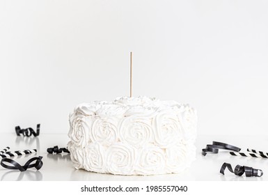 White Cake With Cake Topper Stick And Blank White Background. Black Party Supplies ,black White Cake Topper Mock Up