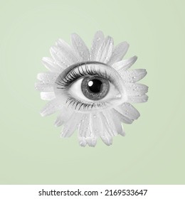White camomile flower with girl's eye inside it on background. Modern design. Eyeball in flower. Surrealism, minimalism