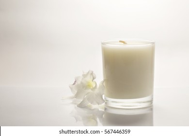 White Candle In Glass On White Background With White Flowers 