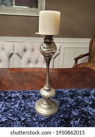 White Candle Silver Candlestick Formal Décor Blue Table Runner