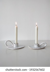 White Candles Ceramic Candlestick Minimalism White Background 