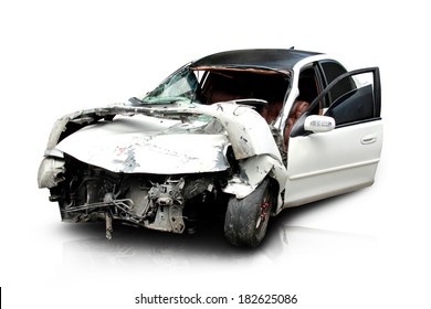 White Car In An Accident Isolated On A White Background