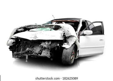 White Car In An Accident Isolated On A White Background