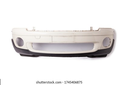 White Car Bumper With A Black Plastic Panel On An Isolated Background, Part For Installation On A Car Body After Repair And Painting During Repair In A Workshop. Equipment For Sale.