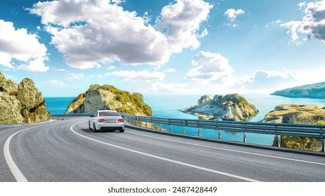 White car drive on the coastal road landscape in summer. it's nice to driving on beach side highway. Highway view on the coast on the way to summer vacation. İtalia trip on beautiful travel road - Powered by Shutterstock