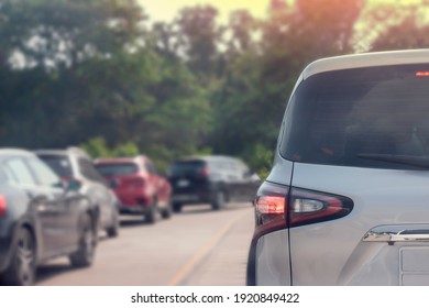 White Car On The Road By Rush Hour Or Traffic Jam In Thailand.