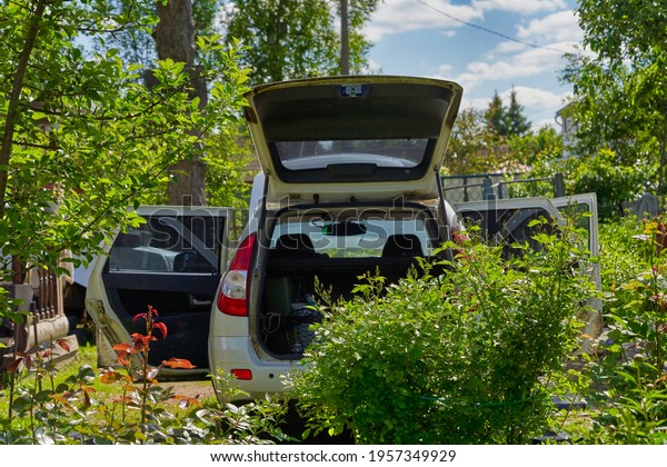 White car with open doors, trunk and hood stands on\
a garden plot