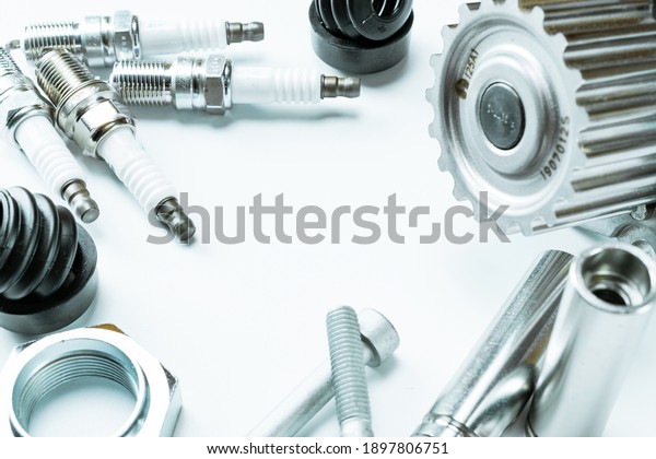 White car part. Set of new metal car part. Auto\
motor mechanic spare or automotive piece isolated on white\
background. Repair and vehicle\
service