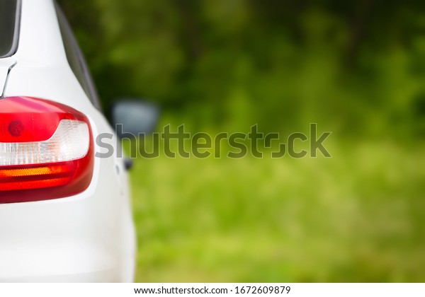White car stop in parking beside with green grass\
nature and tree. The back of the car on a blurry green background.\
Free copy space.