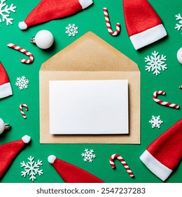 A white card in a brown envelope on a green background. Surrounded by Santa hats, candy canes, snowflakes, and ornaments. - Powered by Shutterstock