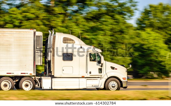A\
white cargo truck is running down the highway captured early\
morning during summer season. This image was captured using panning\
technique to blur the background and emphasize\
motion.