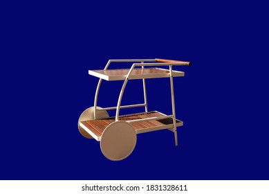 White Cart Isolated On Blue Background. Wheel Service Trolley For Drink & Alcohol Bottle. Bar Furniture For Restaurants.