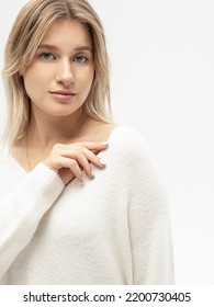 White Cashmere Sweater. Woman In Warm Blouse For Autumn Or Winter On White Background