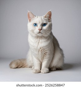 A white cat with bright blue eyes sits on a light gray background, looking directly at the camera with a curious expression. Its fluffy white fur and pink nose stand out against the plain backdrop. - Powered by Shutterstock