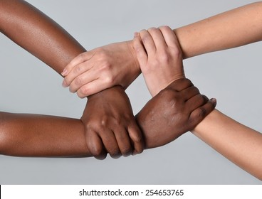 White Caucasian Female Hands And Black African American Holding Together In World Unity And Racial Love And Understanding In Tolerance Races Diversity Cooperation Concept Isolated On Grey Background