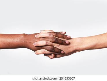 White Caucasian Female Hands And Black African American Holding Fingers Together In World Unity And Racial Love And Understanding In Tolerance And Races Diversity Cooperation Concept Isolated Close Up