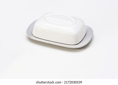 White Ceramic Butter Dish With Lid, Isolated On White