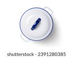White ceramic cooking pot or saucepan isolated on white background with clipping path, top view, flat lay.