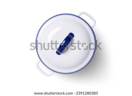 White ceramic cooking pot or saucepan isolated on white background with clipping path, top view, flat lay.