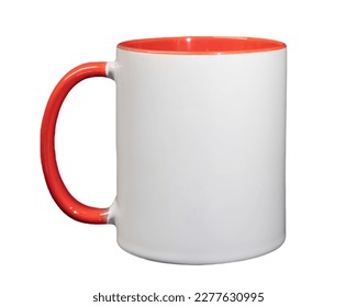 White ceramic cylindrical mug cup with red handle close-up isolated on a white background clean for layout and design, inscriptions and pictures - Shutterstock ID 2277630995