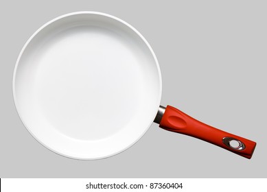 White Ceramic Frying Pan On Gray Background.