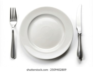 A white ceramic plate with a fork and knife, isolated on a white background - Powered by Shutterstock