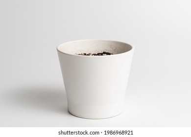 White Ceramic Pot With Porous Soil Mixture In Isolated White Background. 