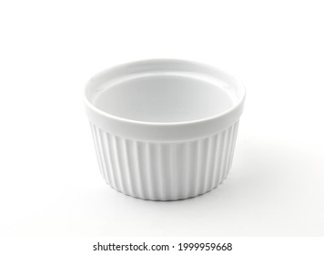 White Ceramic Ramekin Baking Bowl Or Baking Cup Isolated On White Background.