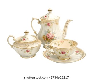 White ceramic tea set with elegant porcelain teapot and cups isolated on white background.