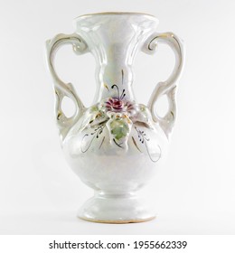 White Ceramic Vase With Flower Paint On Isolated White Background