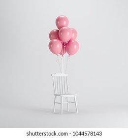 White chair with Pink balloons floating on white background. minimal party concept idea. - Shutterstock ID 1044578143
