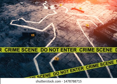 White Chalk Outline Of Killed Body, Blood An Floor And Yellow Police Caution Tape With Text - Crime Scene, Do Not Enter. Murder Investigation Concept, Toned