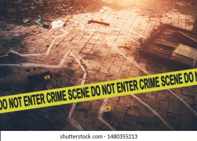 White Chalk Outline Of Killed Body, Blood An Floor And Yellow Police Caution Tape With Text - Crime Scene, Do Not Enter. Murder Investigation Concept, Toned