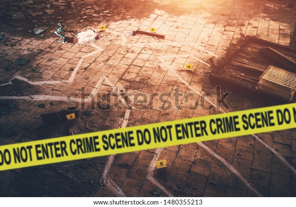 White chalk outline of\
killed body, blood an floor and yellow police caution tape with\
text - crime scene, do not enter. Murder investigation concept,\
toned