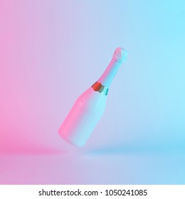 White champagne bottle and colorful ultraviolet holographic neon lights  Creative concept 