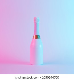 White champagne bottle with colorful ultraviolet holographic neon lights. Creative concept.