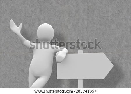 White character leaning on signpost against grey background