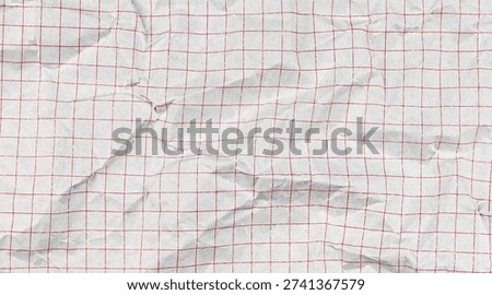 White checkered notebook paper with grid pattern. Crumpled sheet texture perfect for school mathematics, education designs, and geometric backgrounds.