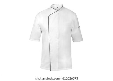 White Chef Cook's Jacket With Black Edges Short-sleeved On An Invisible Dummy, Isolated Over White Background