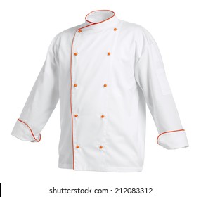 White chef cook's jacket with orange edges, isolated over white background - Shutterstock ID 212083312