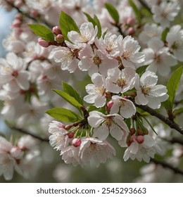 White cherry blossoms are delicate, ethereal flowers that bloom in early spring, covering the branches of cherry trees in a blanket of soft, pale petals. Each blossom features five rounded petals. - Powered by Shutterstock