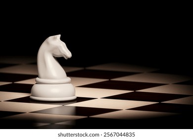 White chess knight piece standing on a classic checkered chessboard, with a dark, moody background. Represents intelligence, strategy, and focus. Chess background.