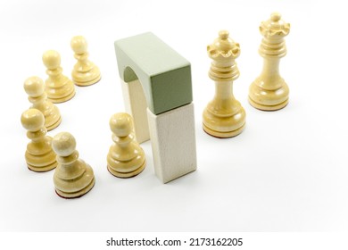 White Chess Pawns Enter The Door And Exit As Queens And Kings, Change The Mindset And Concept Of The Importance Of School To Change Fate, Life Change Decisions And New Opportunities.