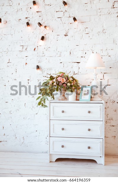 White Chest Drawers On White Brick Stock Photo Edit Now 664196359